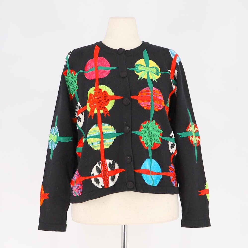 VINTAGE BEREK Sequin Beaded Holiday Ornament Knit Cardigan Sweater Size L
